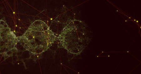 Image of network of connections and waves moving on black background. network, connections and...