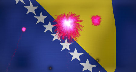 Image of fireworks over flag of bosnia and herzegovina. flags, national symbols and patriotism concept digitally generated image.の写真素材