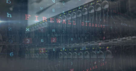 Image of cyber attack warning over server room. global technology and data processing concept...
