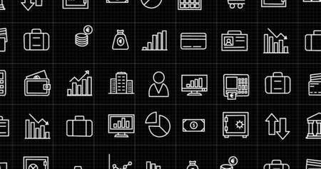 Image of rows of business icons moving on black background. global business, finance and digital interface concept digitally generated image.の写真素材