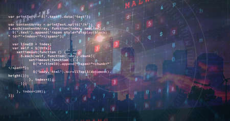 Image of cyber attack warning and data processing over cityscape on red background. global...