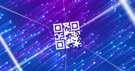 Image of qr code over moving blue and pink lights. colour, movement, technology and digital...