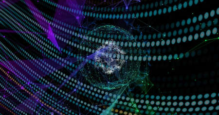 Image of globe and shapes over black background with green and yellow lines. colour, movement, connections and digital interface concept digitally generated image.の写真素材