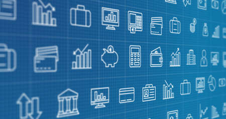 Image of rows of business icons moving on blue background. global business, finance and digital interface concept digitally generated image.の写真素材