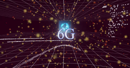 Image of 6g, dots and data processing moving over brown background. colour, movement, technology and...