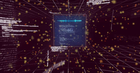 Image of 6g, dots and data processing moving over brown background. colour, movement, technology and...