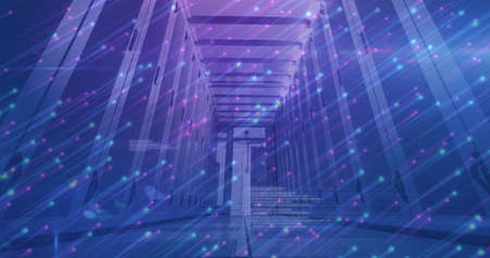 Image of blue and pink lights moving over servers. colour, movement, technology and digital...