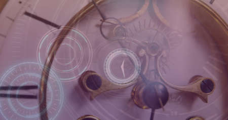 Image of clock over clock mechanism. global business and digital interface concept digitally generated image.の写真素材