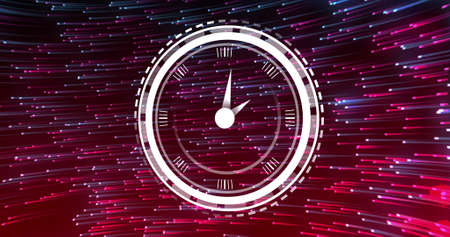 Image of clock over black background with blue and pink lights. colour, movement, time and digital...