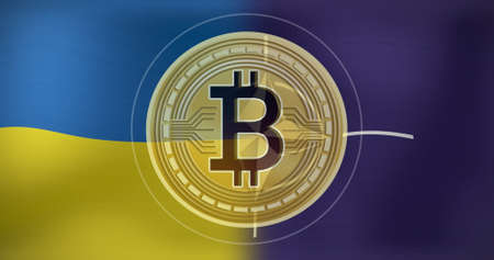 Image of bitcoin symbol over flag of ukraine and nato. ukraine crisis and international politics concept digitally generated image.の写真素材