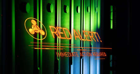 Image of red alert text and symbol over server room. ukraine crisis and international politics...