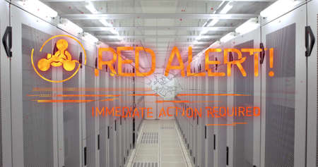 Image of red alert text and symbol over server room. ukraine crisis and international politics...