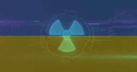 Image of data processing and nuclear symbol over flag of ukraine. ukraine crisis and international politics concept digitally generated image.の写真素材