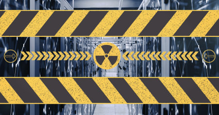 Image of nuclear symbol over shapes and server room. ukraine crisis and international politics...