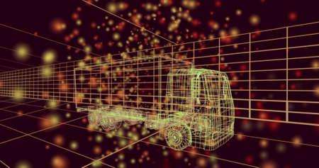 Image of yellow dots over truck project on black background. colour, movement, design and digital...