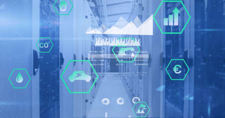 Image of data processing over server room. global business and digital interface concept digitally...