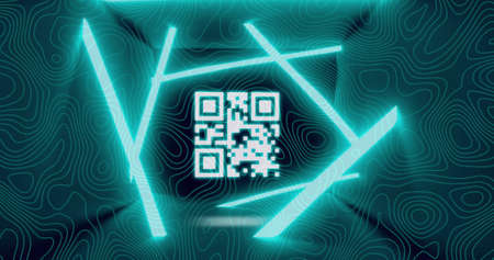 Image of gr code and neon lines over black background with isohypses. colour, movement, technology and digital interface concept digitally generated image.の写真素材