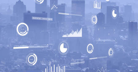 Image of data processing over cityscape. global business and digital interface concept digitally generated image.の写真素材