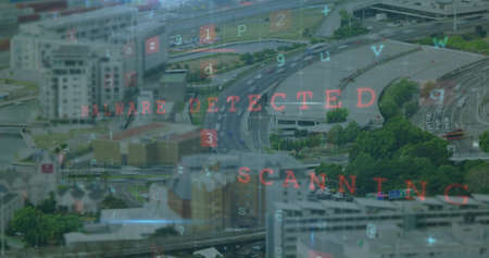 Image of data processing over cityscape. global digital security and identity, digital interface and data processing concept digitally generated image.の写真素材