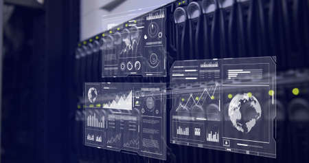 Image of data processing over server room. global business and digital interface concept digitally...