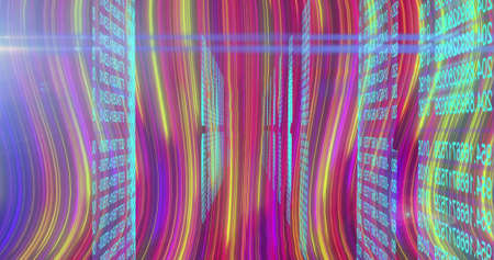Image of data processing on multicolour changing background. colour, movement, technology and...