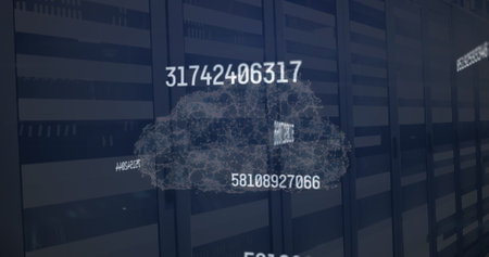 Image of data processing and cloud over server room. global technology and digital interface concept...
