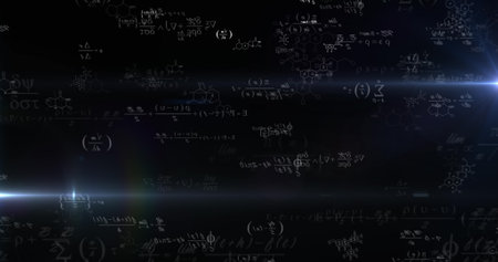 Image of mathematical equations and light spots on black background. education and digital interface concept digitally generated image.の写真素材
