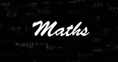 Image of mathematical equations and maths text on black background. education and digital interface...