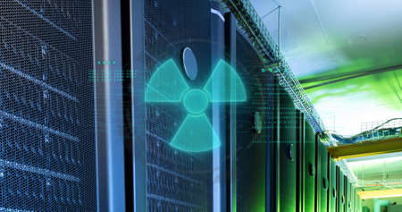 Image of nuclear symbol over data processing and server room. ukraine crisis and international...