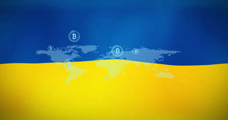Image of bitcoin symbols over flag of ukraine. ukraine crisis and international politics concept digitally generated image.の写真素材