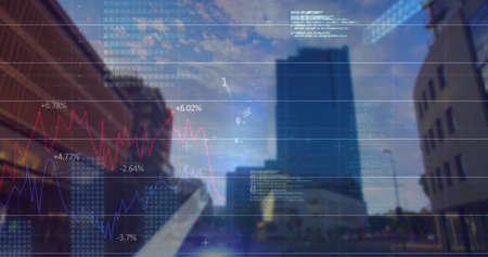 Image of financial graphs and data over cityscape. global finance, economy and technology concept...