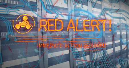 Image of red alert text and symbol over server room. ukraine crisis and international politics concept digitally generated image.の写真素材