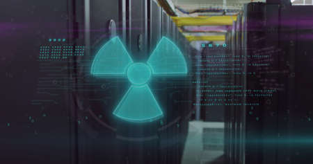 Image of nuclear symbol over data processing and server room. ukraine crisis and international politics concept digitally generated image.の写真素材