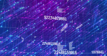 Image of changing numbers over moving blue and pink lights. colour, movement, technology and digital...