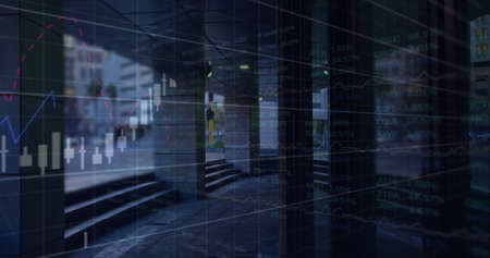 Image of financial graphs and data over timelapse with citylife. global finance, economy and technology concept digitally generated image.の写真素材