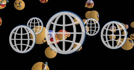 Image of globes over emoji icons on blue background. global social media and digital interface concept digitally generated image.の写真素材