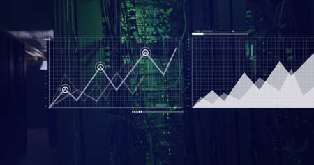 Image of data processing over server room. global business and digital interface concept digitally generated image.の写真素材