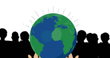 Image of people shadows and hands with globe on white background. globalization and society concept digitally generated image.の写真素材