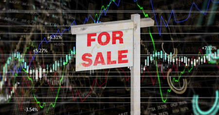 Image of house for sale sign over graphs and financial data processing on black background....