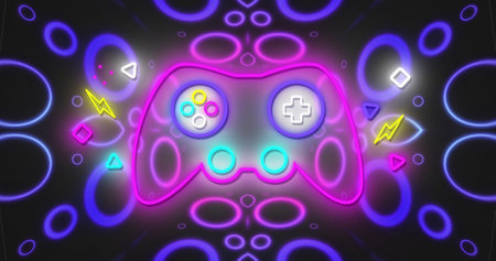 Image of neon gaming pad over neon circles and shapes on black background. games, entertainment and...