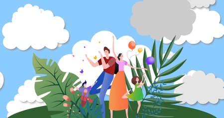 Image of people and plants over sky with clouds. national clean air day and celebration concept...