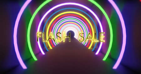 Image of flash sale over neon circles on black background. trade, business, promotions and sales concept digitally generated image.の写真素材