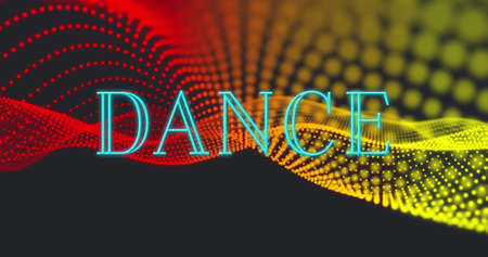 Image of dance, red and orange waving dots on black background. colour, movement, communication and party concept digitally generated image.の写真素材