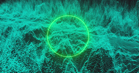Image of moving neon shapes on green waves on black background. colour, movement, communication and party concept digitally generated image.の写真素材