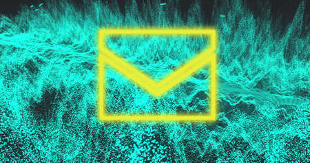 Image of neon mail icon and green waves on black background. network, communication and technology concept digitally generated image.の写真素材
