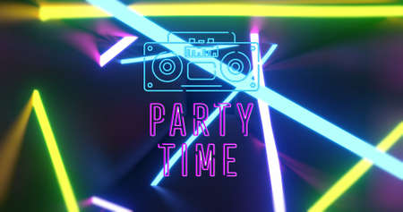Image of party time, radio and neon shapes on black background. colour, movement, communication and party concept digitally generated image.の写真素材