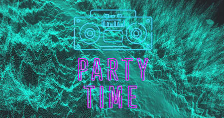 Image of party time and radio over green waves on black background. colour, movement, communication and party concept digitally generated image.の写真素材