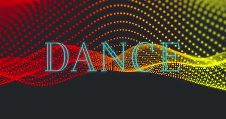 Image of dance, red and orange waving dots on black background. colour, movement, communication and party concept digitally generated image.の写真素材