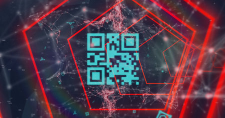 Image of red neon geometrical shapes over qr code and network of connections. abstract, light, pattern and movement concept digitally generated image.の写真素材
