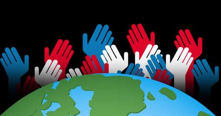 Image of white, red and blue hands over globe on black background. globalization and society concept...